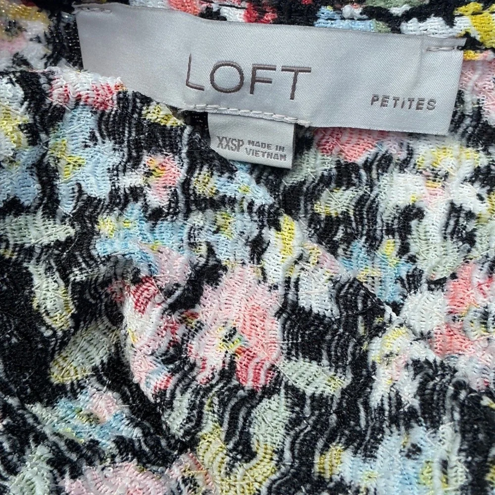 LOFT Petites Black Floral Textured Knit Puff Sleeve Top XXSP Multi Color Stretch